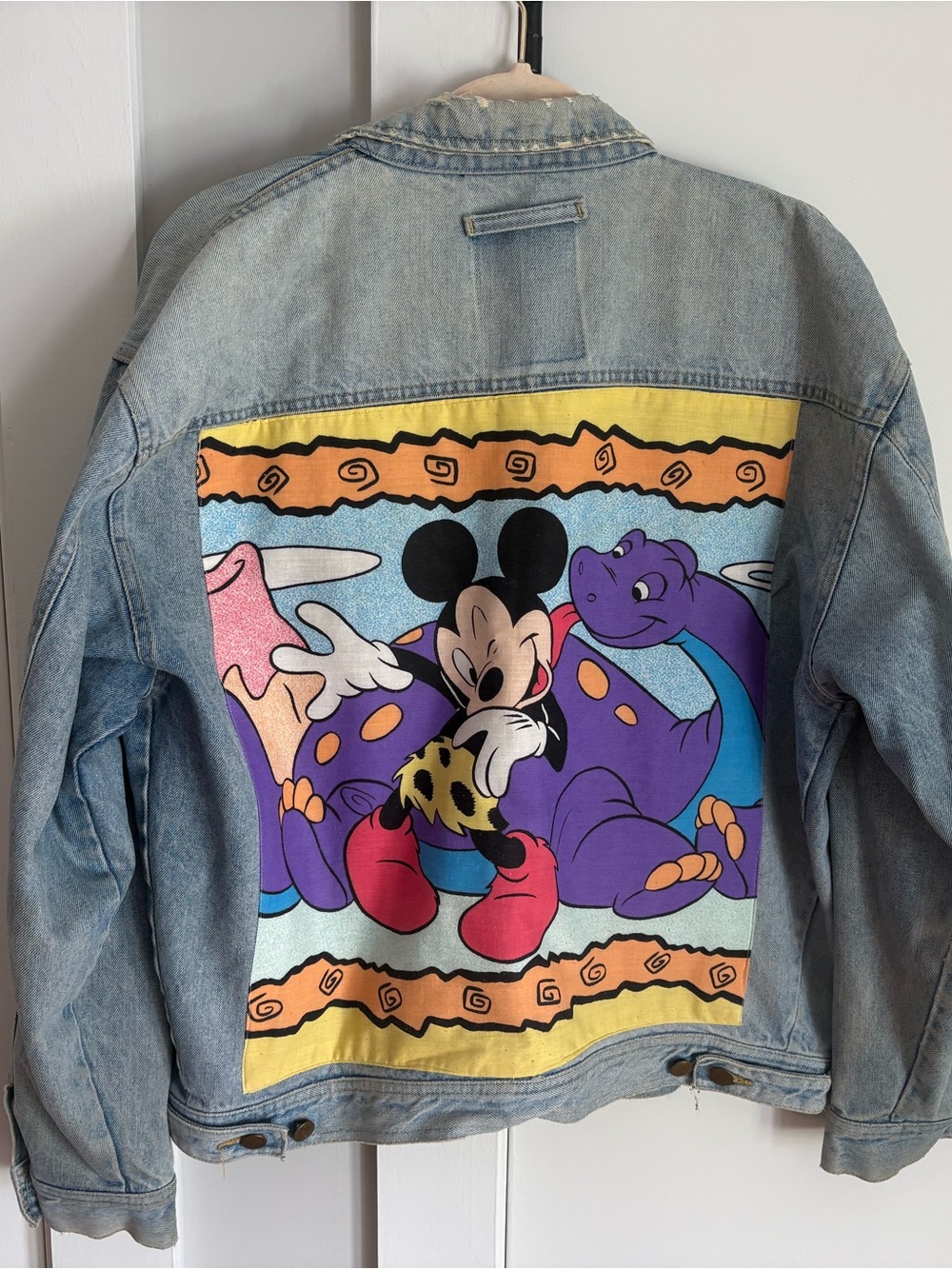 Vintage 90s Disney Denim Jacket with Rare Caveman Mickey Back Panel